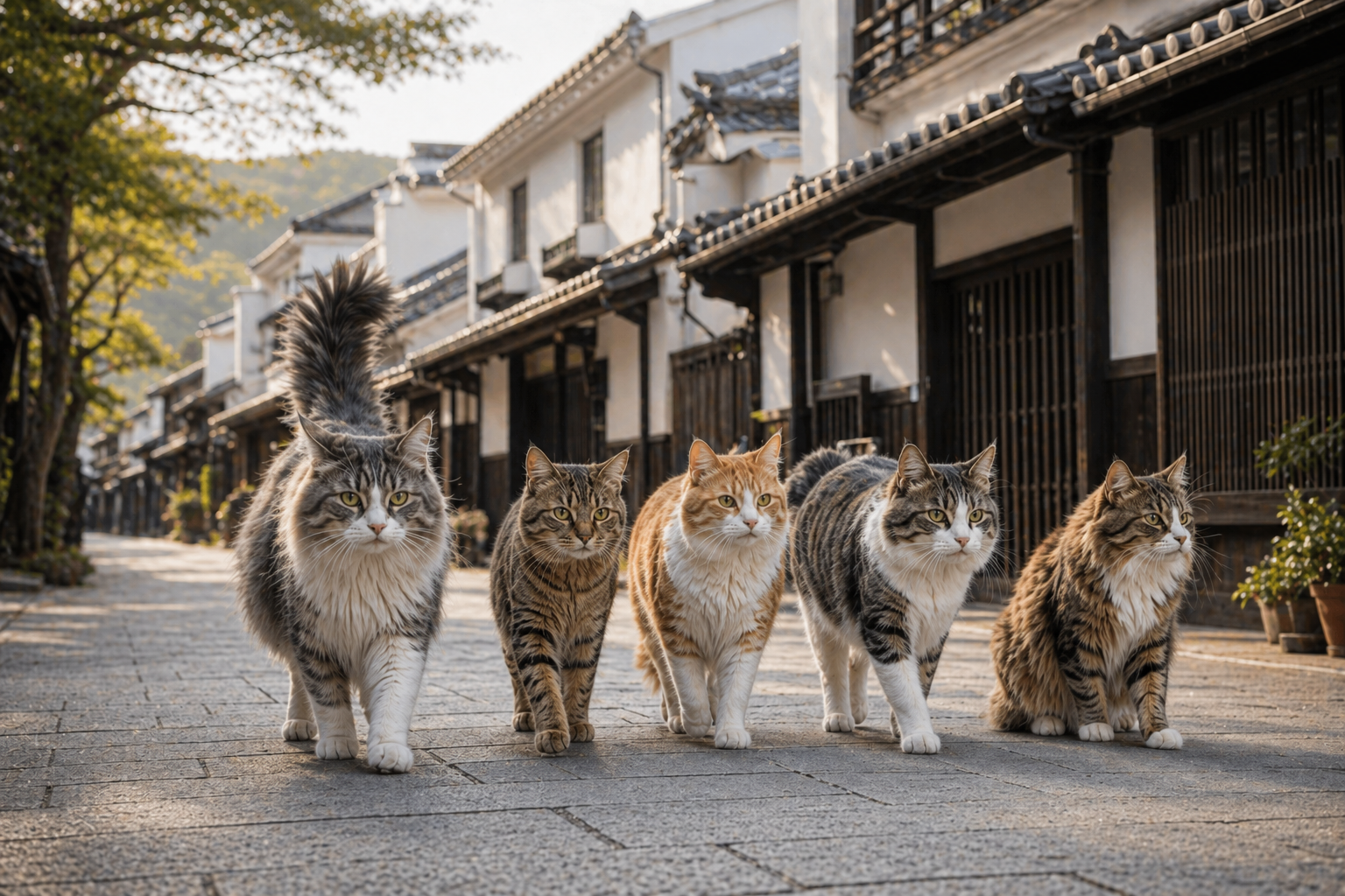 うだつの街並みを同じ方向へ進む複数の猫