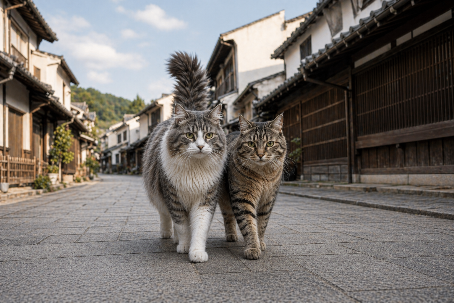 うだつの街並みを並んで歩く2匹の猫